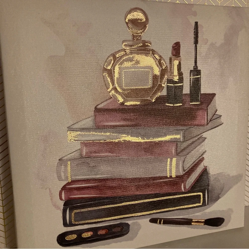 NEW Makeup and Books Canvas Wall Art Burgundy Gold Beauty Glam Home Decor